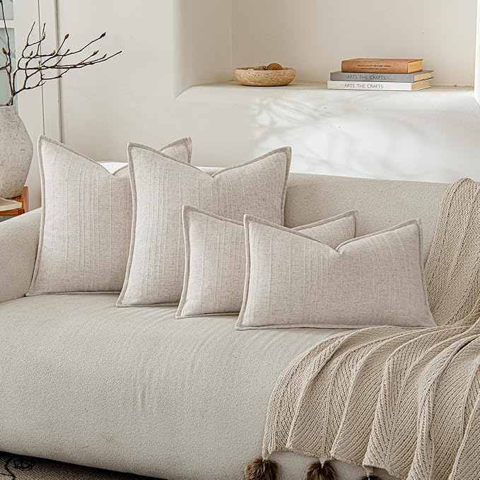 a moment Linen Pillow Covers Set of 2,Boho Farmhouse Throw Pillowcases Neutral Textured Decorative Covers for Couch Sofa Bed,Soft Linen Blend Accent Case Cushion Living Room Home Decor 18"x18"Ivory