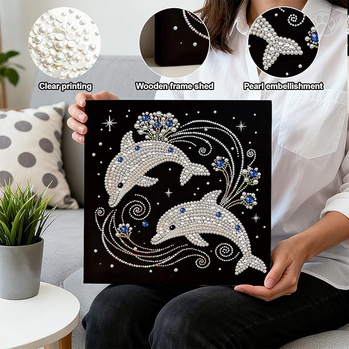 DIY Pearl Painting Kit with Wooden Frame, 3D Plastic Pearl Gemstone Ocean Art Craft for Adults Beginners, Diamond Art Kits for Adults, Home Wall Decor Ready Gift for Women(Dolphins)(30 * 30cm)