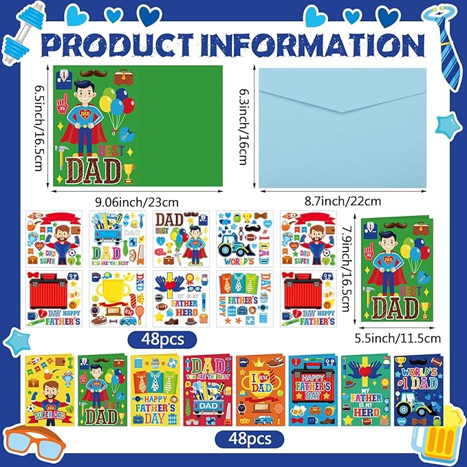 Fullhawl 48 Set Father's Day Card Making Kits DIY Father's Day Craft with Stickers and Envelopes Make Your Own Greeting Card Handmade Dad Gift for Party Home Activities