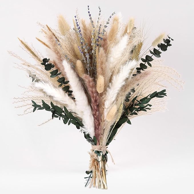 Bpole Dried Pampas Grass Bouquet - 92 PCS Pampas Grass Decor with Bunny Tails,Eucalyptus & Lavender Dried Boho Flowers for Vase Wedding Home Table Decor,Rustic Farmhouse Party