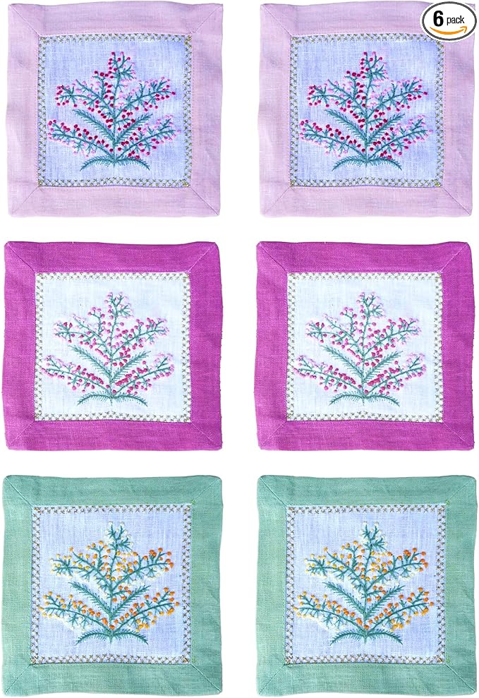 Cocktail Napkins Set of 6, 6x6 inch, 100% Linen, French Knot Hand Embroidered Floral Pattern, Reusable & Washable Napkin Coasters for Drinks, Parties, Weddings (Pink & Green)
