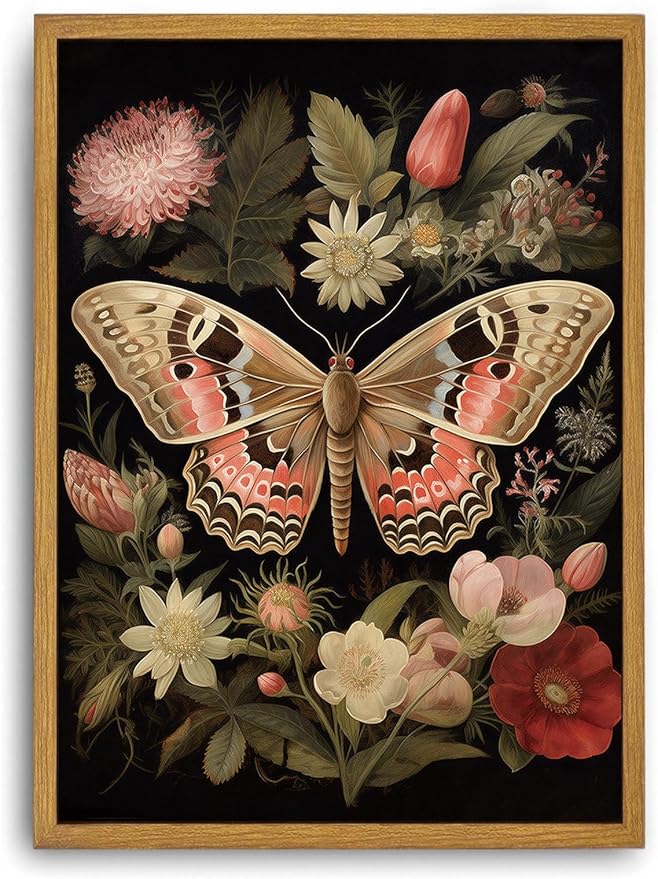 Djmwtb Vintage Framed Wall Art Butterfly Floral Canvas Wall Art Prints Boho Botanical Painting Flower Pictures Artwork for Living Room Bedroom Bathroom Office 12x16in