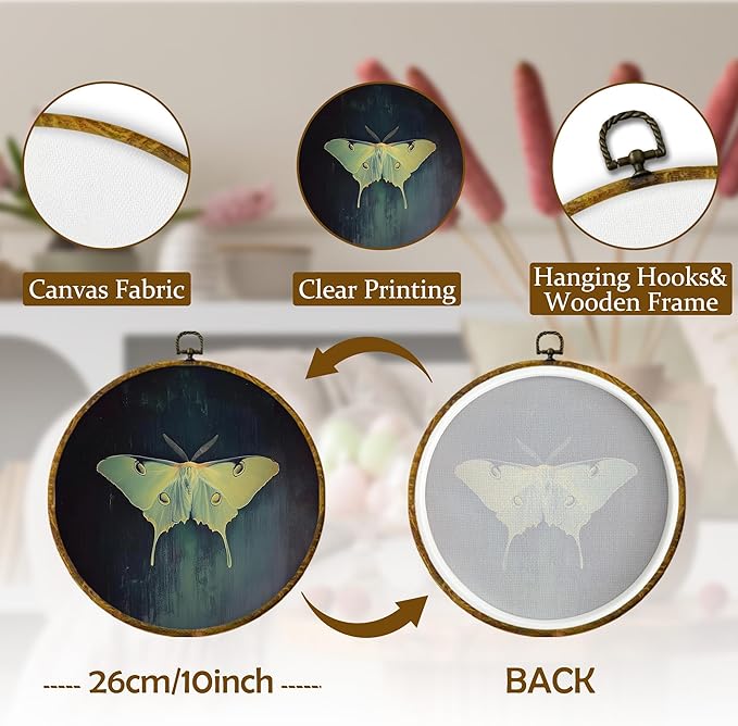 Mcehtle Vintage Butterfly Wall Art Decor, Dark Moody Cottagecore Moth Butterfly Framed Canvas Prints 10x10, Neutral Insect Farmhouse Round Wall Hanging Artwork Decorations for Bedroom Living Room