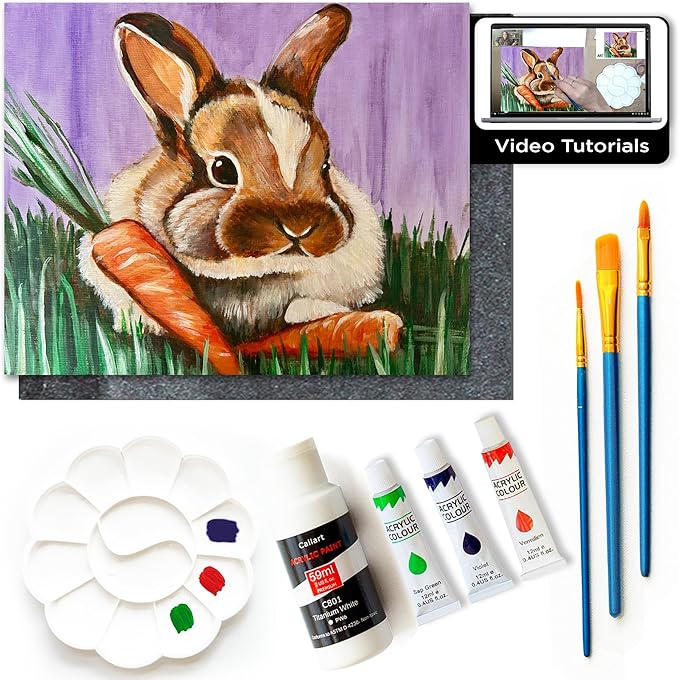 Painting4Real DIY Painting Class Kit for Adults with Video Tutorials: Learn to Paint Meadow Bunny – How to Paint with Acrylics – Painting & Art Supplies – 9 Piece Acrylic Paint Set