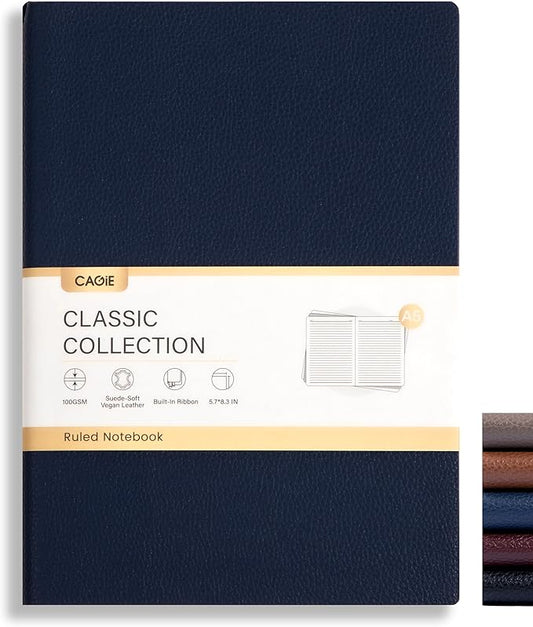 CAGIE Lined Journal Notebook for Men & Women,176 Pages A5 Medium Size Softcover Leather Journals for Writing,Travel,Business,Work & School, 100 GSM Thick Paper (5.7'' x 8.3'') (Navy Blue)