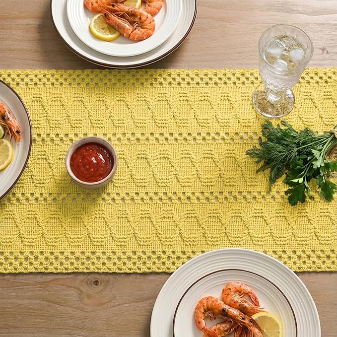 Artoid Mode Yellow Farmhouse Woven Rustic Hollow Table Runner, Seasonal Holiday Hollow Kitchen Dining Table Decoration for Home Party Decor 12x108 Inch