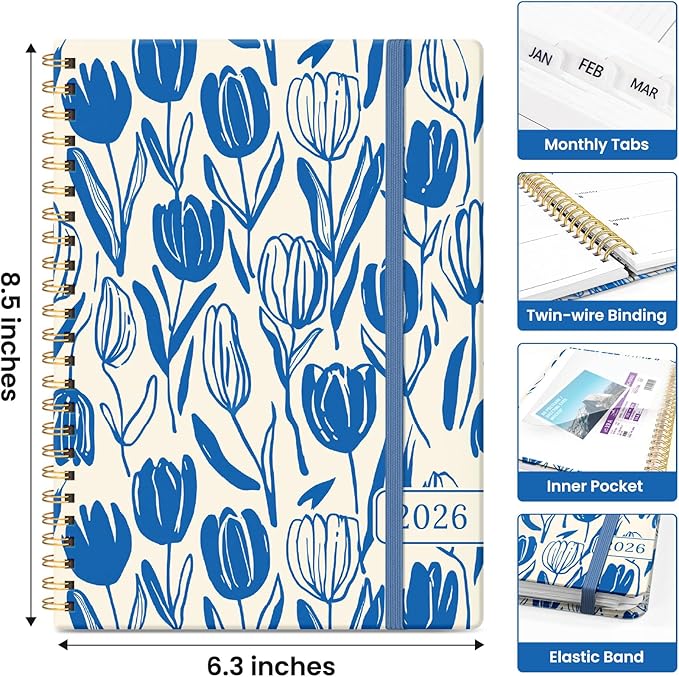 2026 Planner, Monthly and Weekly Calendar Planner for Women, Jan 2026 - Dec 2026, Hardcover Pretty 2026 Agenda Planner Book with Tabs, Spiral Bound, Perfect for School Office Home Supplies, 6.3" x 8.5" - Indigo Tulips