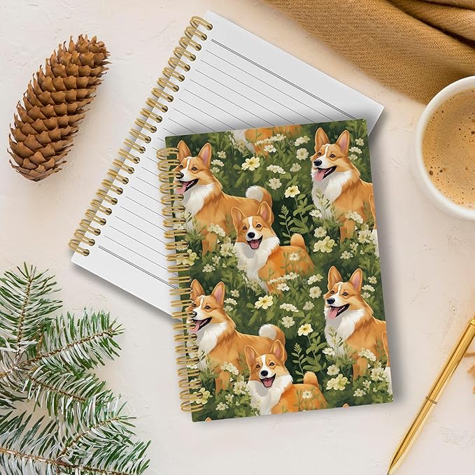 Cute Dog Corgi Floral Journal Notebook - Welsh Corgi Dog Flower Notebooks College Ruled for Work School, Gifts for Dog Mom Dog Lovers, Office Supplies, Hardcover Spiral Notebook 5.5"x8.3"
