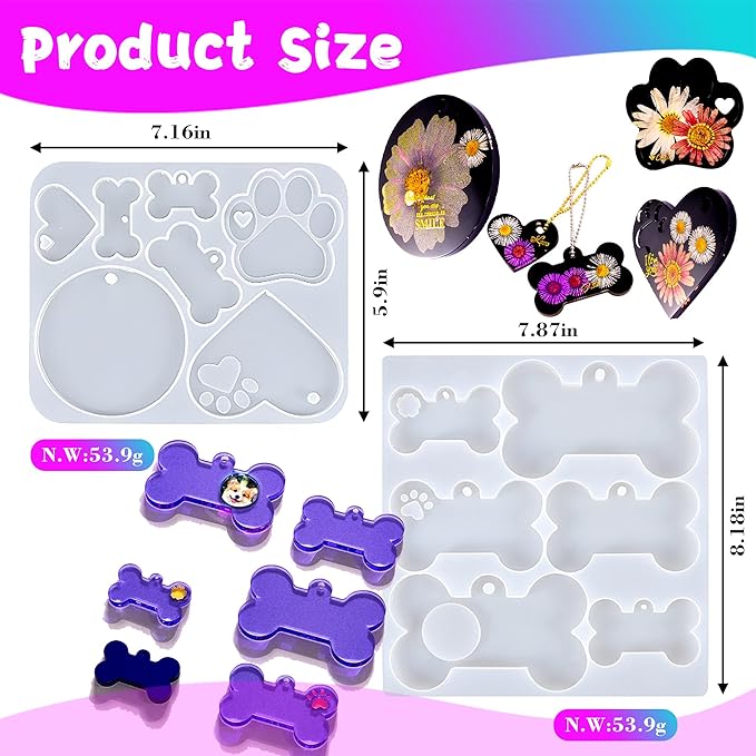 Pet Tag Resin Molds, SAGOOITS Silicone Mold for Resin Casting Pet Collar Tags, Silicone Mold Set with 10 Keychains, DIY Keychain Pendant Charm Crafts-Make Dog Cat Name Tags