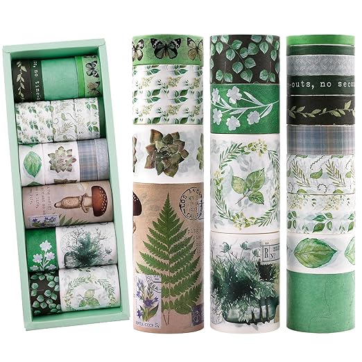18 Rolls Vintage Washi Tape Set, Mushroom Flower Plants Decorative Tape, 5/10/15/20/25/30/50/75mm Wide Adhesive Tape for Bullet Journaling, DIY Crafts, Scrapbooking Supplies (Green)