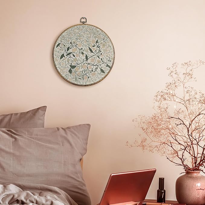 FUGWN Vintage Jasmine Floral Round Wall Art Decor Framed, William Morris Flower Botanical Canvas Artwork Prints, Retro Floral Wall Hanging Decorations for Home Bedroom Living Room, 10x10 Inch