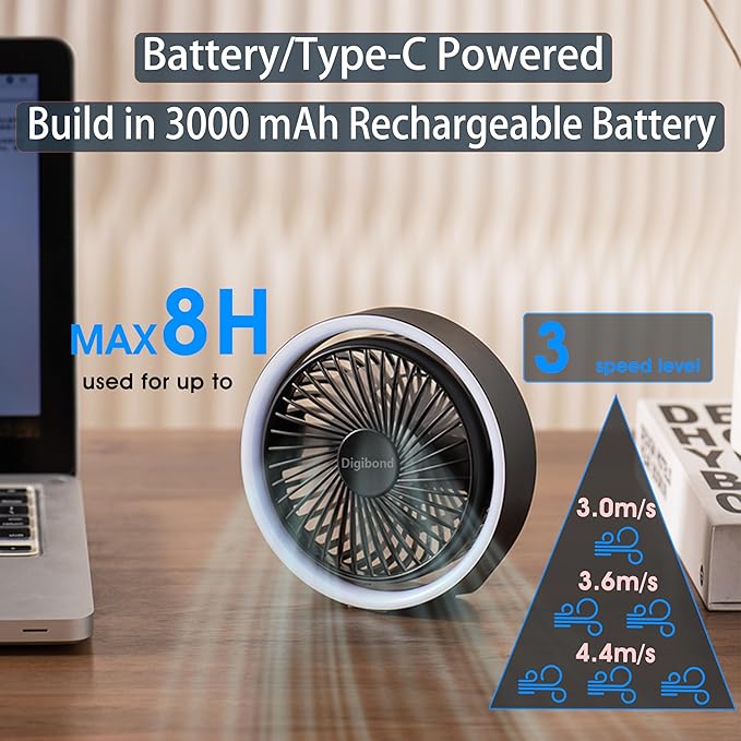 Small Fan, High Power Silent Desk Fan Portable USB Fan 3000mAh Rechargeable Battery Powered, 3 Speed 5.3in with Night Light/Hook,180°Rotated Easy Clean (Black)