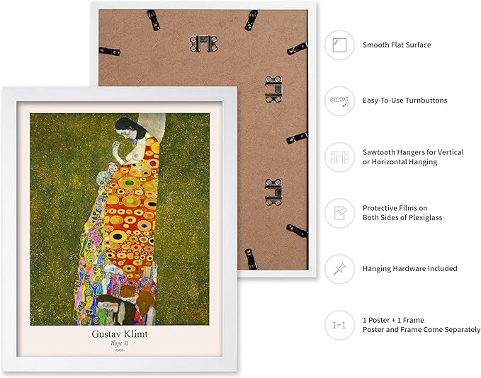 Poster Master Vintage Gustav Klimt Poster - Retro Hope II Print - Art Nouveau - Abstract Art - Symbolism Art - Aesthetic Art - Classic Painting - Colorful Living Room Decor - 16x20 White Framed