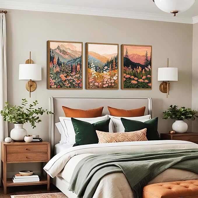 Floating Framed Boho Colorful Mountain Wall Art Set of 3, Vintage Wildflower Landscape Canvas Wall Decor Paintings, Nature Floral Forest Posters Pictures Prints for Living Room Bedroom 12x16 Inch