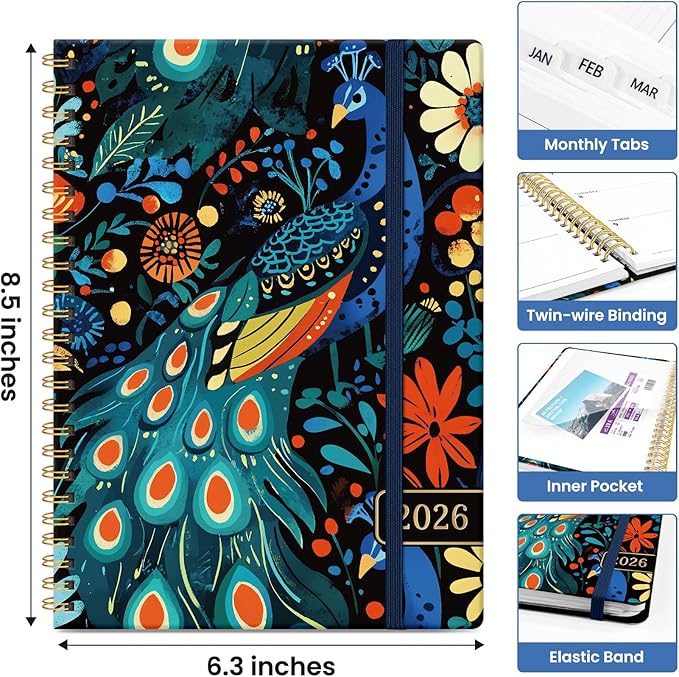 2026 Planner, Monthly and Weekly Calendar Planner for Women, Jan 2026 - Dec 2026, Hardcover Pretty 2026 Agenda Planner Book with Tabs, Spiral Bound, Perfect for School Office Home Supplies, 6.3" x 8.5" - Majestic Peacock