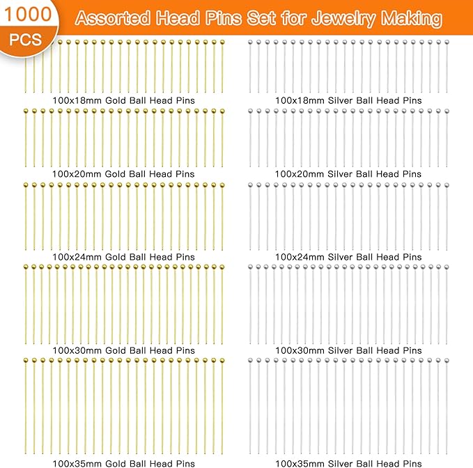 1000pcs Jewelry Head Pins Kit for Jewelry Making,Ball Head Pins Beading Pin Assorted Heads Pin Set Eye Pins Supplies for Earring Beading DIY Craft,18/20/24/30/35mm (Silver,Gold)