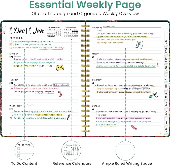 2026 Planner, Weekly and Monthly Planner for Women, January 2026 to December 2026, Pretty Hardcover 2026 Calendar Planner Book with Tabs, Inner Pocket, Spiral Bound, Perfect Office Home School Supplies - 8.5" x 11", Wildflower Reverie