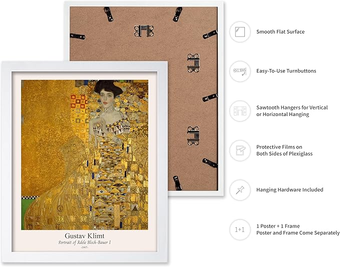 Poster Master Vintage Gustav Klimt Poster - Retro Portrait of Adele Bloch-Bauer Print - Art Nouveau - Lady in Gold Art - Gold Leaf Art - Classic Painting - Living Room Decor - 11x14 White Framed