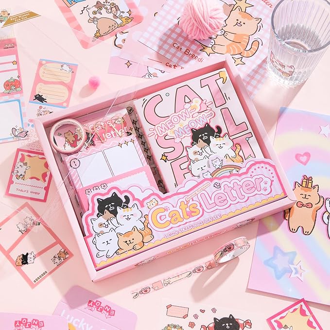 Draupnir Kawaii Pink Cute Cat Scrapbook Kit, Bullet Junk Journal Kit with Journaling/Scrapbooking Supplies, Stationery, A6 Grid Notebook Graph Ruled Pages.DIY Gift for Teen Girl Kid Women.