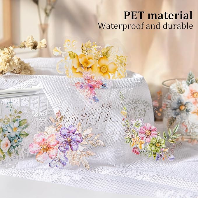 Floral PET Sticker Set, 60PCS Transparent Butterfly, Lace, and Flower Stickers for Scrapbooking, Journaling, Planners and DIY Crafts