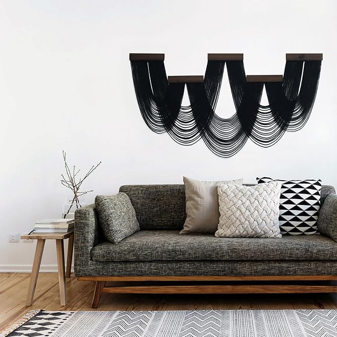 LB Large Macrame Wall Hanging, Black Boho Tapestry Wall Hanging Macrame Wall Art Handmade Yarn Woven Wall Art Modern Home Decor Headboard Wall Decor for Bedroom Living Room Dorm Nursery, 53x28 Inch