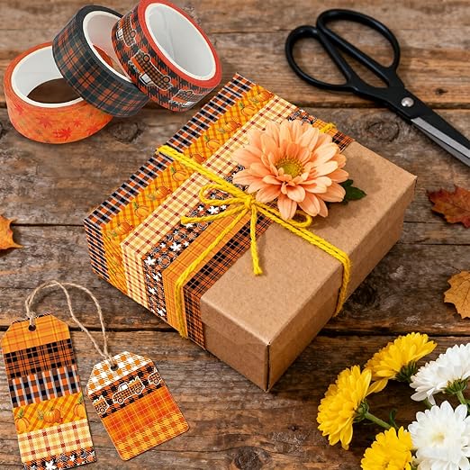 12 Rolls Autumn Washi Tape Set, Thanksgiving Theme Grid Pumpkin Maple Fall Decorative Tape for Bullet Journal, Scrapbooking, Planner, DIY Wrapping Crafts 16.4FT