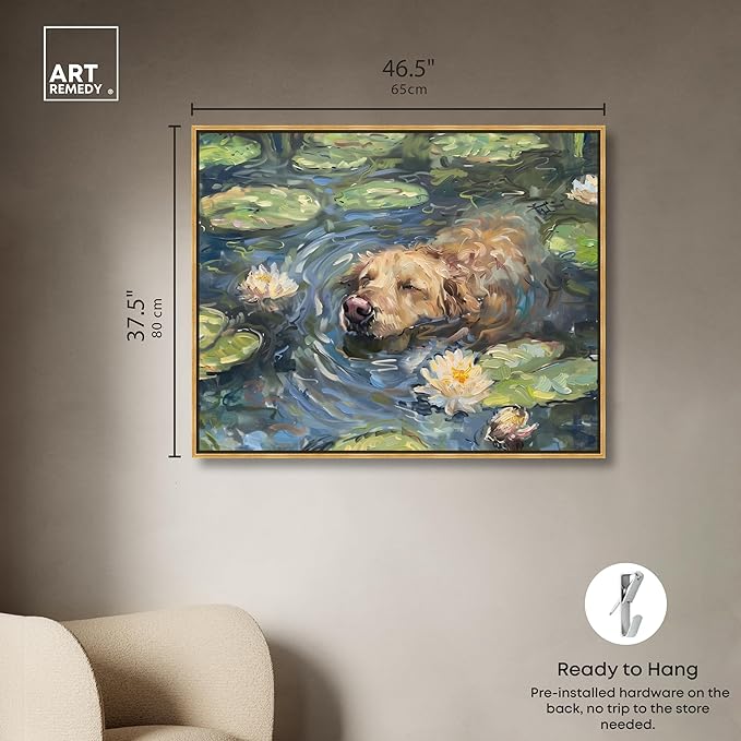 Art Remedy Monet Water Lilies Dog Rustic Chic Farmhouse Canvas Wall Art, Gold Floater Frame, 45"x36"