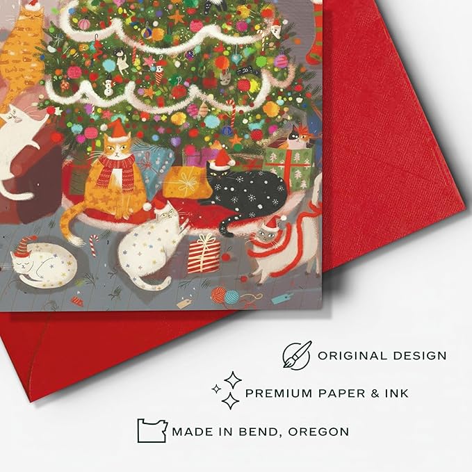 (5.3x8in) Meowy Christmas Card with Envelope, Cute Funny Cat Holiday Greeting with Festive Tree and Kittens, Adorable Christmas Card for Cat Lovers, Friends, Family, and Pet Owners (Xmas 27)