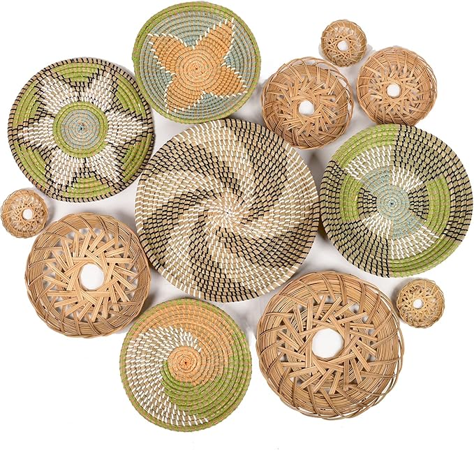 Boho Wall Baskets for Decor, Wicker Hanging Basket, Boho Wall Art, Woven Hanging Basket, Rattan Decor, Bohemian Decorative for Living Room Or Bedroom, Round Bamboo and Seagrass Plates 12 Pcs