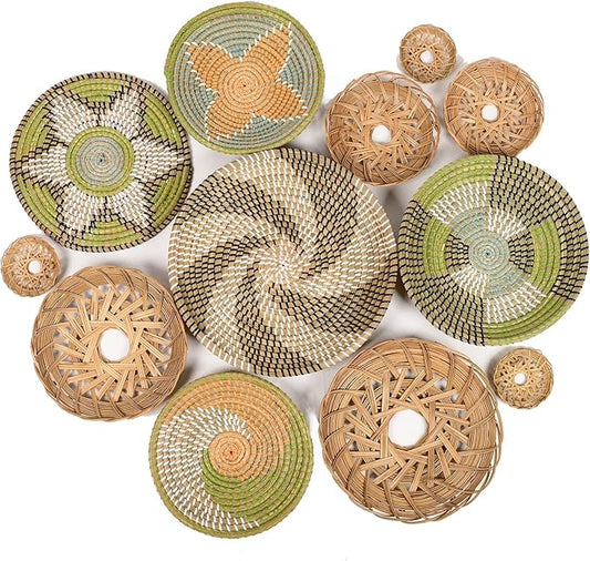 Boho Wall Baskets for Decor, Wicker Hanging Basket, Boho Wall Art, Woven Hanging Basket, Rattan Decor, Bohemian Decorative for Living Room Or Bedroom, Round Bamboo and Seagrass Plates 12 Pcs