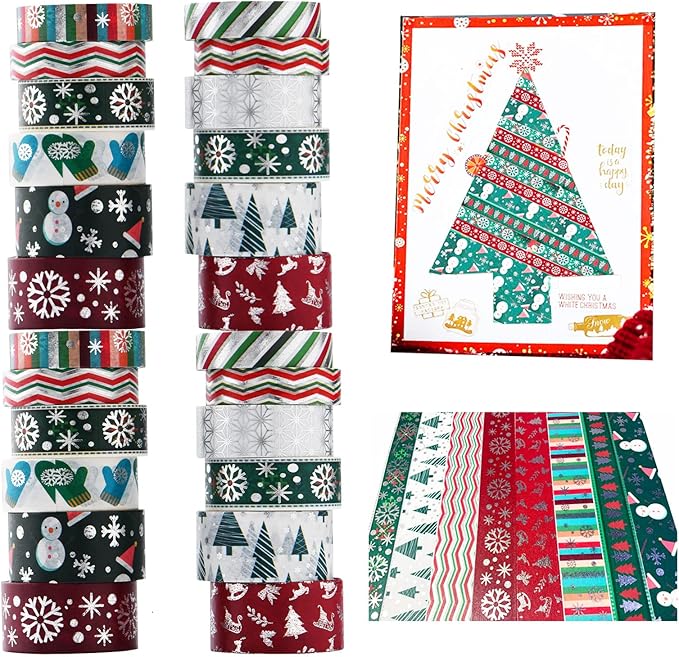 Christmas Holiday Washi Tape Set Xmas Winter Foil Washi Masking Tape Bullet Journal Kids Chirstmas Craft Supplies with Snowflake Tree Deer Striped, Perfect for Christmas Card Gift Wrapping 24 Rolls