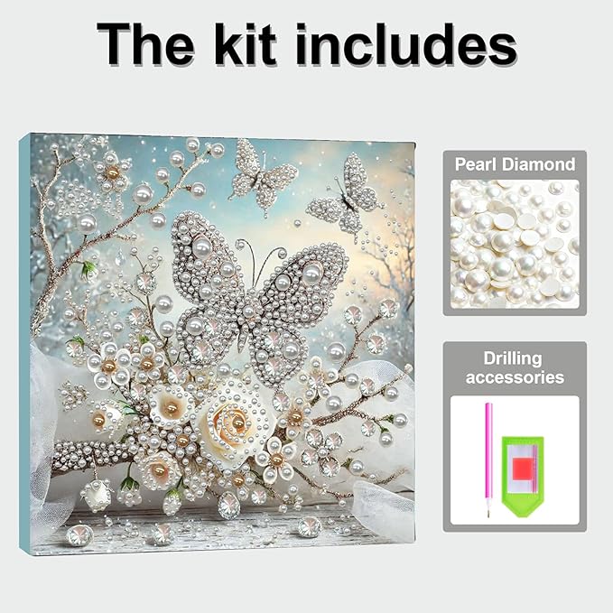 DIY Pearl Painting Kit with Wooden Frame, 3D Plastic Pearl Gemstone Ocean Art Craft for Adults Beginners, Diamond Art Kits for Adults, Home Wall Decor Ready Gift for Women(Butterfly Garden)(30*30cm)