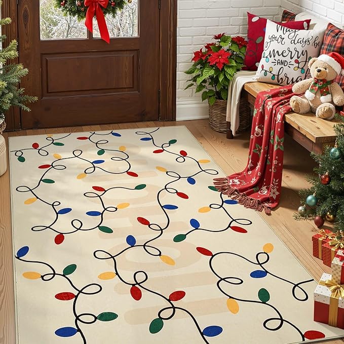 jinchan Jingle Lights Christmas Rug 4x6 for Living Room Bedroom Beige Holiday Decorative Rug for Dining Room Foyer Colored String Lights Printed Xmas Decor Washable Non Slip Floor Carpet