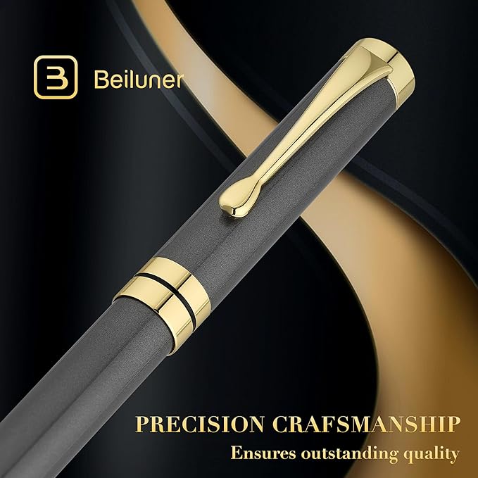 BEILUNER Ballpoint Pens, Stunning Grey Chrome Metal Pen with Golden Trim, Fancy Ball Pen Gift Set for Men & Women, Professional, Executive, Office,Journal Pens-Gift Box with 0.5mm Black Extra Refill