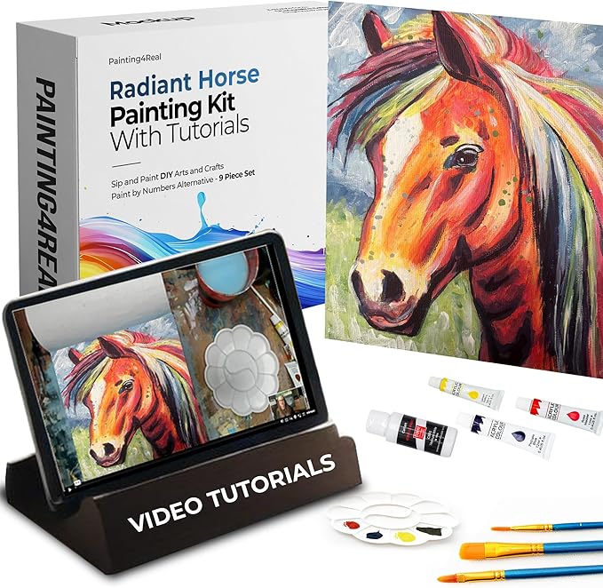 DIY Painting Class Kit for Adults with Video Tutorials: Learn to Paint Radiant Horse – How to Paint with Acrylics – Painting & Art Supplies – 9 Piece Acrylic Paint Set