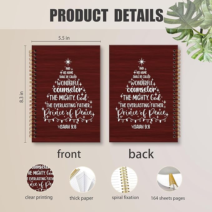 XNXLDYLH Christian Christmas Tree Notebook Journal, Church Isaiah 9:6 Spiral Notebook, Bible Study Prayer Journals Notebooks for Women, Christmas Christian Office School Supplies Gifts, 5.5x8.3 Inch