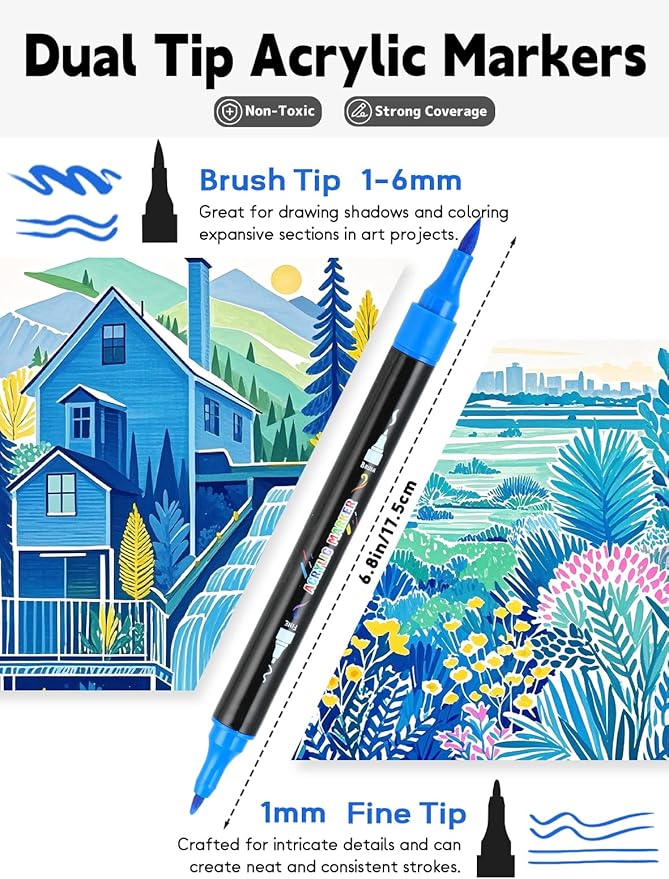 48 Colors Acrylic Paint Markers, Dual Tip Acrylic Paint Pens with Brush Tip and Fine Tip for for Adults, Kids, Eggs, Wood, Rock, Canvas, Plastic, Stone, Glass, Ceramic