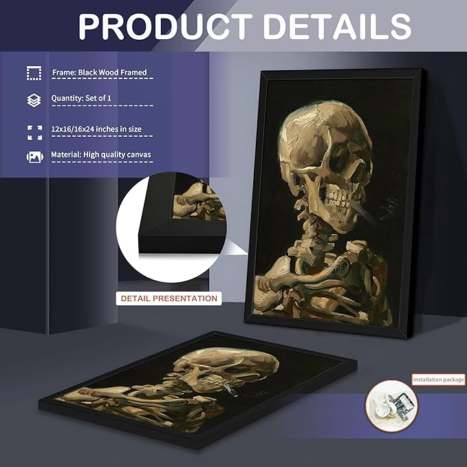 Framed Vincent Van Gogh Skull with Cigarette Canvas Wall Art - Skeleton Paintings Wall Decor, Post-Impressionism Gothic Picture Aesthetic for Halloween Decor Bedroom Living Room Artwork 12x16 inch