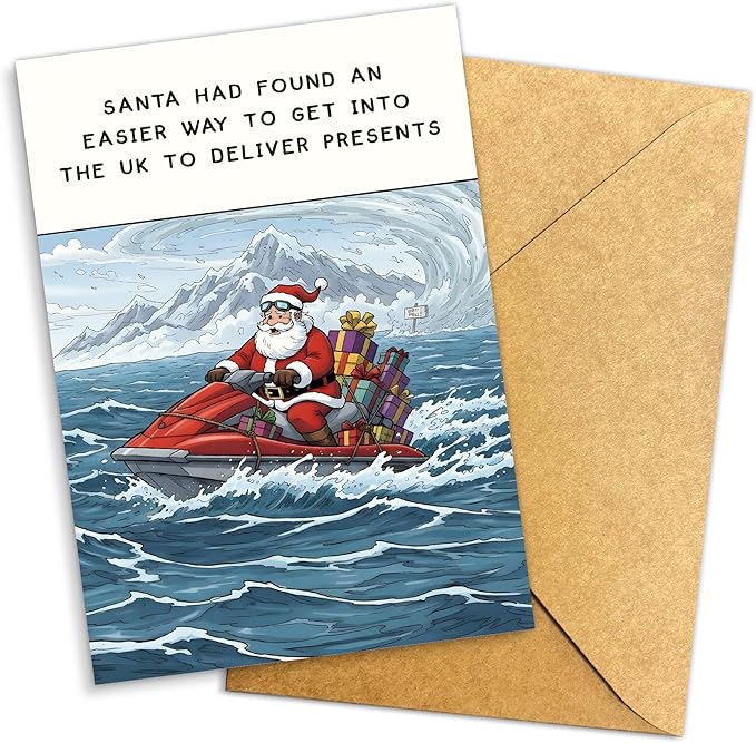 (5.3x8in) Santa Found an Easier Way to Get Into the UK Christmas Card with Envelope, Funny British Holiday Greeting Featuring Jet Ski Santa, Humorous Xmas Card for Friends and Coworkers (Xmas 35)