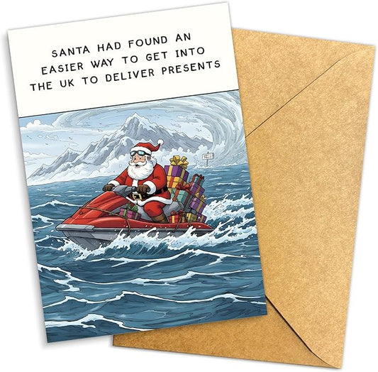 (5.3x8in) Santa Found an Easier Way to Get Into the UK Christmas Card with Envelope, Funny British Holiday Greeting Featuring Jet Ski Santa, Humorous Xmas Card for Friends and Coworkers (Xmas 35)