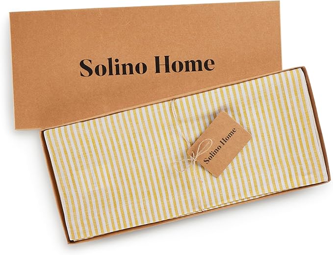 Solino Home Linen Table Runner 120 Inches Long - Narrow Stripe, 100% Pure Linen Spicy Mustard and White Table Runner 14 x 120 Inch for Dining, Spring, Easter