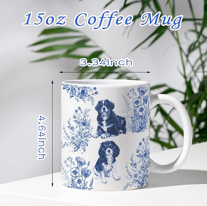 Cavalier King Charles Spaniel with Bernise Mountain Dog Blue French Toile Coffee Mug, Cavalier & Bernise Lover Gifts for Women, Blue Toile Coffee Cup, Birthday Gifts for Dogs Mom, Dog Dad, 15 oz