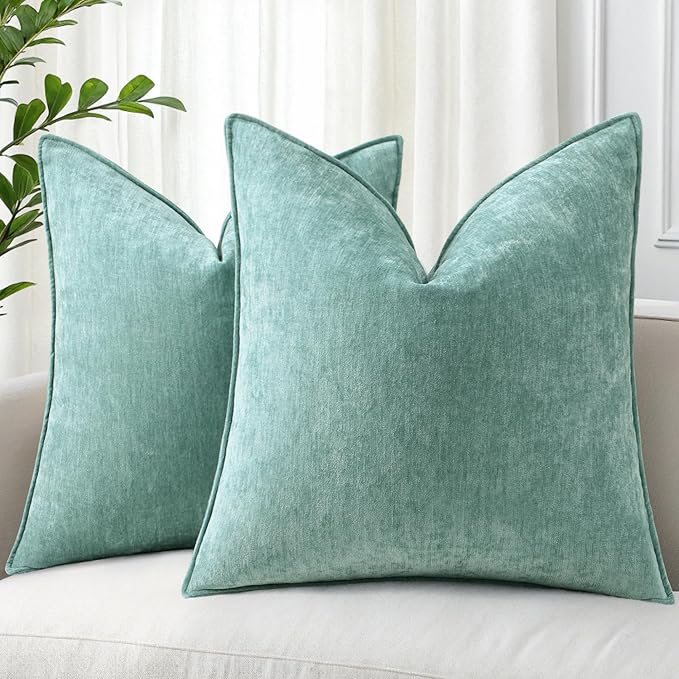 decorUhome Spring Couch Throw Pillow Covers 18x18 Set of 2, Decorative Soft Velvet Neutral Chenille Pillow Covers with Elegant Design for Sofa Bed Living Room Home Decor, Aqua Haze