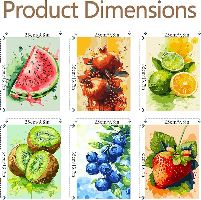 Clendo 6 Packs Paint by Numbers Kit for Adults Beginners, DIY Fruit Easy Adult's Paint by Numbers on Canvas, Acrylic Watercolor Number Artist Paint by Number Kit for Wall Decor(8x12 in)