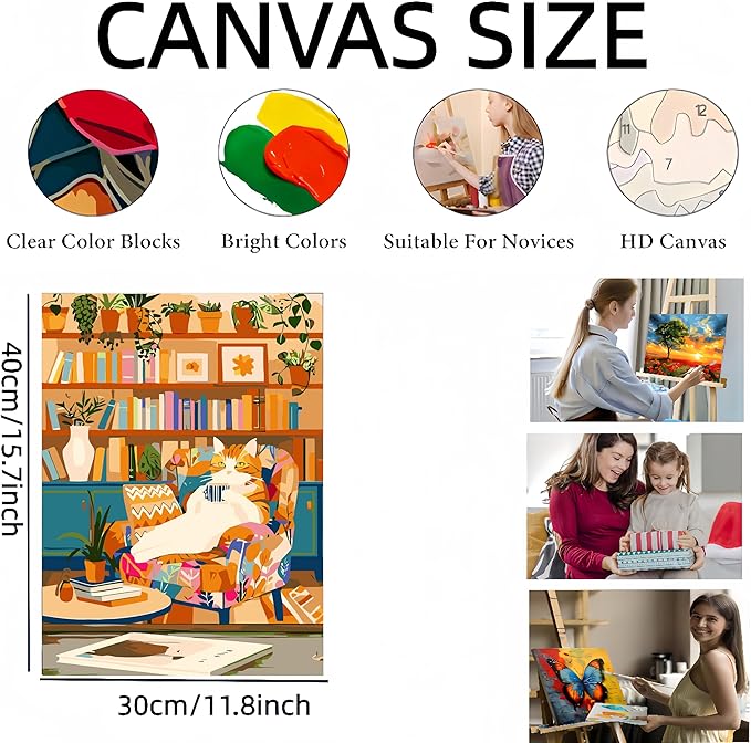 Painting by Numbers Kit for Adults Beginner,Charming Cat Bookshelf Color by Numbers for Adults,Adult Paint by Number Kits on Canvas,Paint by Numbers Easy Oil Painting for Home Wall Decor11.8X15.8 Inch