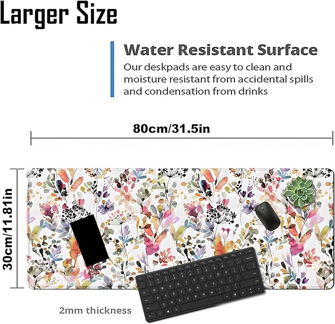 Watercolor Flowers Pink Large Mouse Pad with Stitched Edges, Floral Patterns Big Mousepad for Desk. Premium-Textured Mouse Mat, Non-Slip Rubber Base Mousepad for Laptop, Computer & Pc