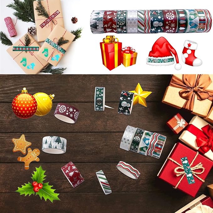 Christmas Holiday Washi Tape Set Xmas Winter Foil Washi Masking Tape Bullet Journal Kids Chirstmas Craft Supplies with Snowflake Tree Deer Striped, Perfect for Christmas Card Gift Wrapping 24 Rolls