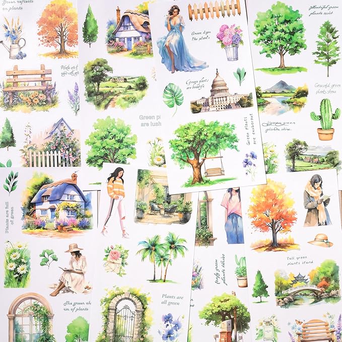 Scrapbook Sticker Book, 20 Sheets Journaling Stickers, Junk Journal Supplies, Pre-Cut Aesthetic PET Materials, Watercolor Scrapbooking Stickers for Adults, Decorative Ephemera DIY Arts Craft