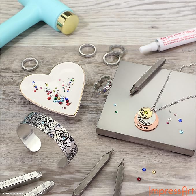 ImpressArt - Crystal Setting Bundle, Includes 216 Birthstone Colored Crystals, 3 Metal Stamping Punches Sizes, Jewelry Glue, & Tweezers