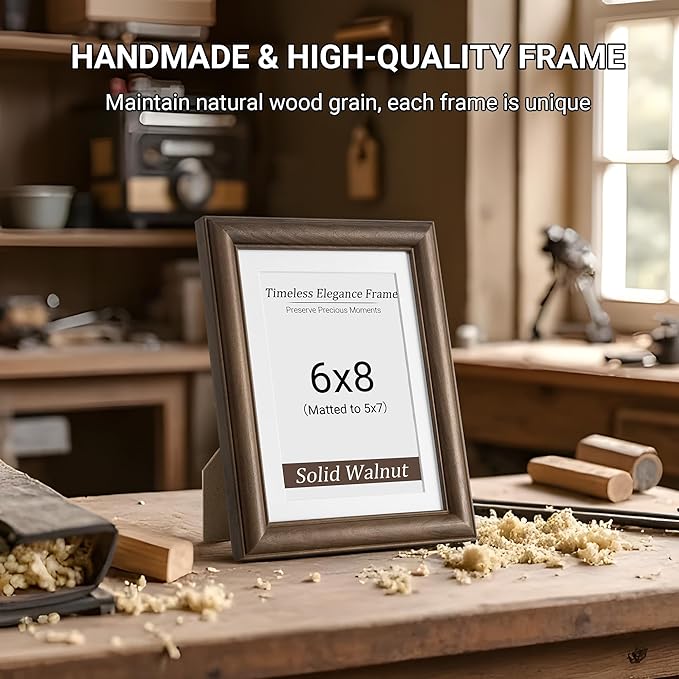 Heimlove 6x8 Picture Frame,6 x 8 Natural Solid Walnut Wood Frame with Tempered Glass,6"x8" Handcrafted Wood Frame Matted to 5x7 Photos for Wall or Tabletop Family picture Display,1 Pack